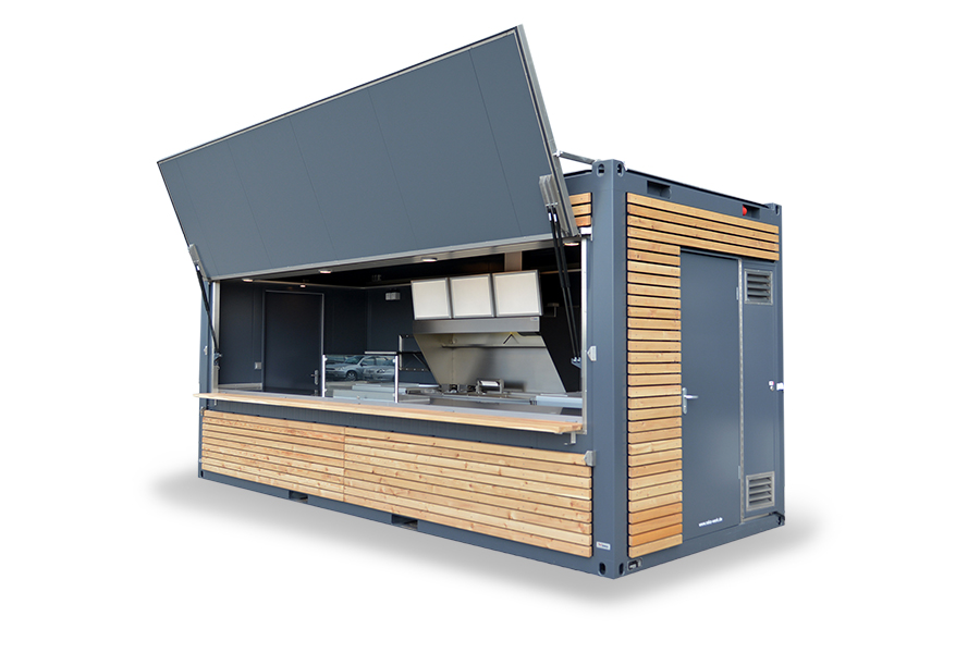 Sea container as snack container with wooden panelling