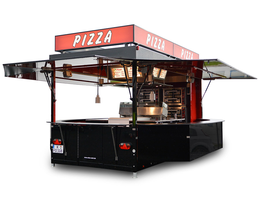 Pizza trailer with three-sided sales opening.